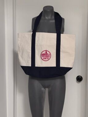 Trader Joe's Navy and Cream Canvas Tote with Logo
